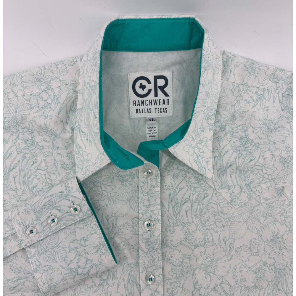 CR Ranchwear Button Down Shirt Women CL White Teal Floral Long Sleeve Flip Cuff